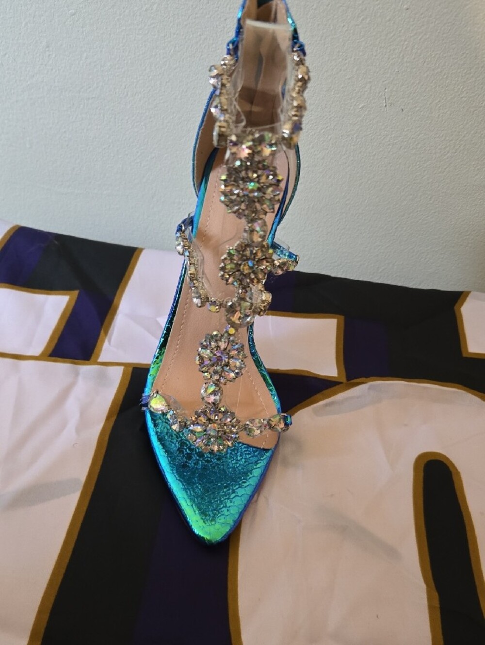 Iridescent Blue Strappy High Heel Sandal with Crystal Accents - Picture 5 of 5